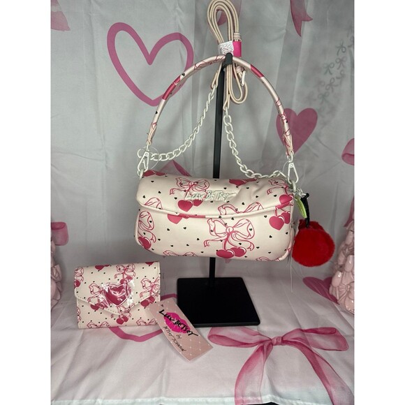 Betsey Johnson Handbags - Betsey Johnson Pink bow Cherry Shoulder Bag and Wallet